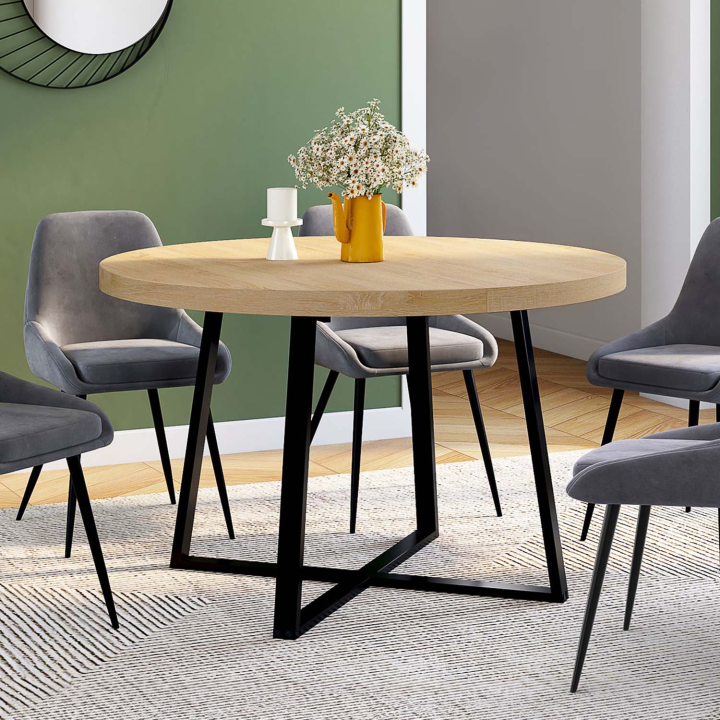 Table à manger extensible ronde SELMA 6-8 personnes bois et noir 120-160 cm Table à manger extensible ronde SELMA 6-8 personnes bois et noir 120-160 cm