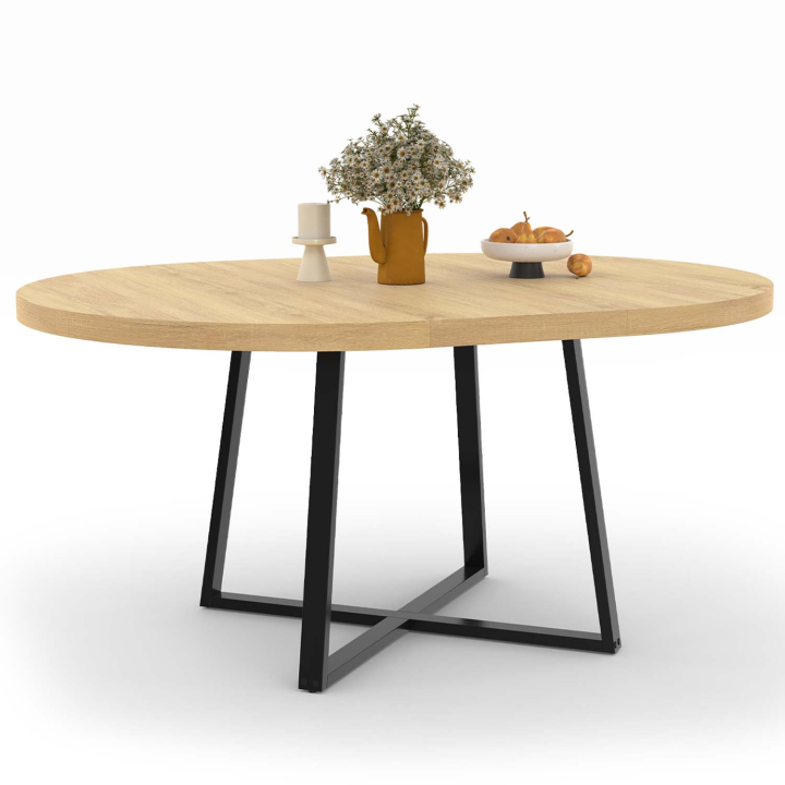 Table à manger extensible ronde SELMA 6-8 personnes bois et noir 120-160 cm Table à manger extensible ronde SELMA 6-8 personnes bois et noir 120-160 cm