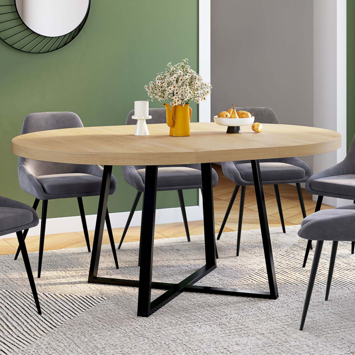 Table à manger extensible ronde SELMA 6-8 personnes bois et noir 120-160 cm Table à manger extensible ronde SELMA 6-8 personnes bois et noir 120-160 cm