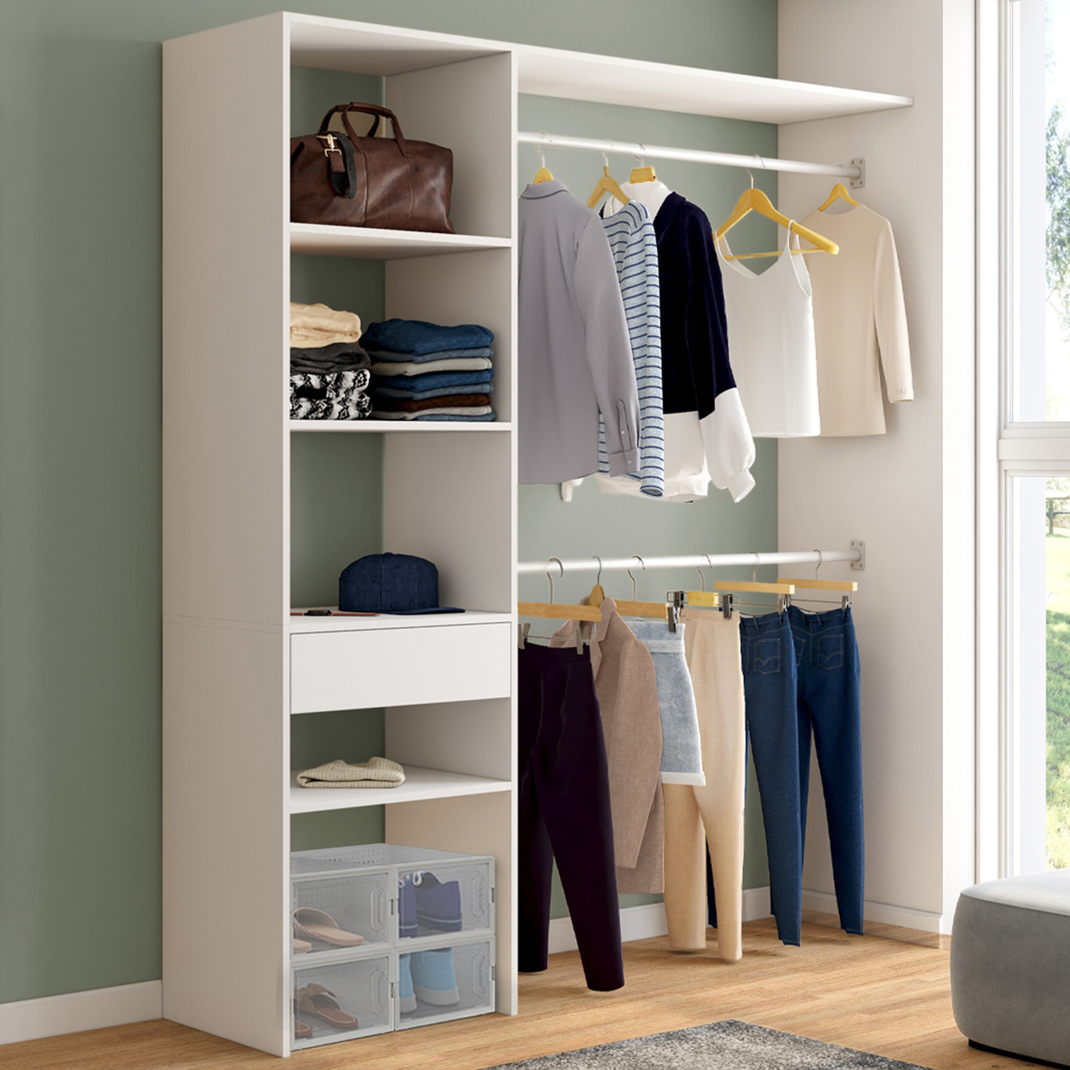 Kit dressing blanc pour placard avec étagères, tiroir et double penderie
