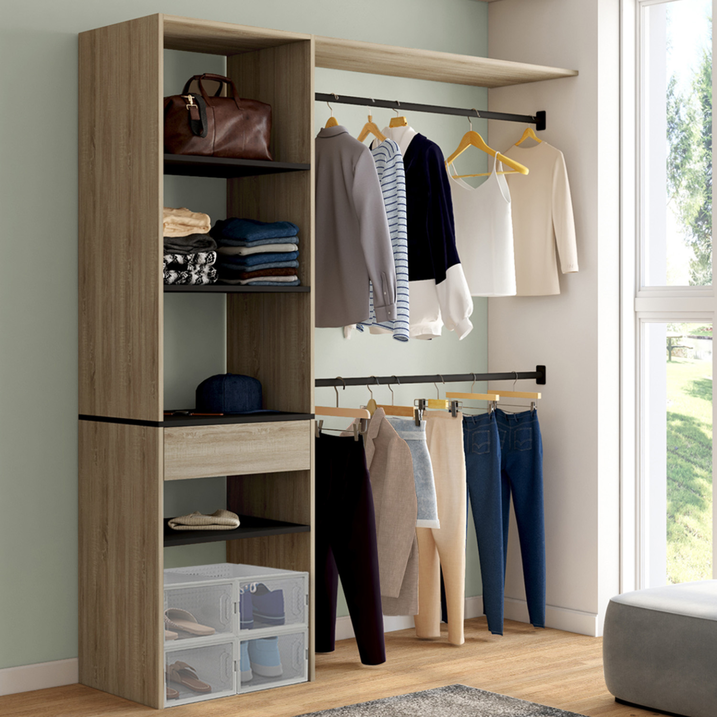 Ankleide-Set für Schrank Buche und schwarz mit Regalen, Schublade und doppelter Garderobe - MELINE