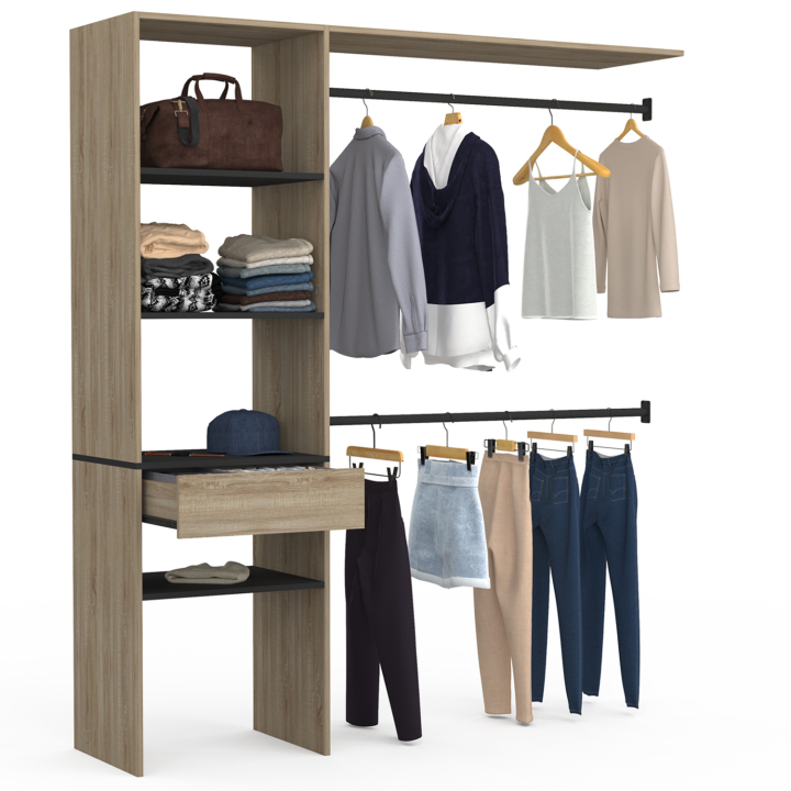 Kit dressing MELINE 160 x 40 x 180 cm hêtre avec étagères noires + tiroir + double penderie Kit dressing MELINE 160 x 40 x 180 cm hêtre avec étagères noires + tiroir + double penderie