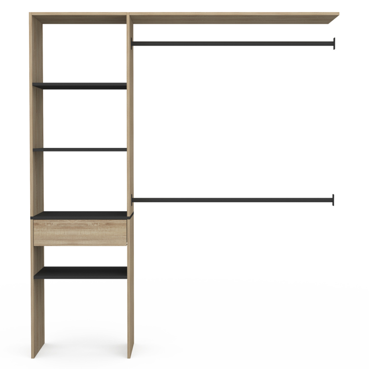 Kit dressing MELINE 160 x 40 x 180 cm hêtre avec étagères noires + tiroir + double penderie Kit dressing MELINE 160 x 40 x 180 cm hêtre avec étagères noires + tiroir + double penderie