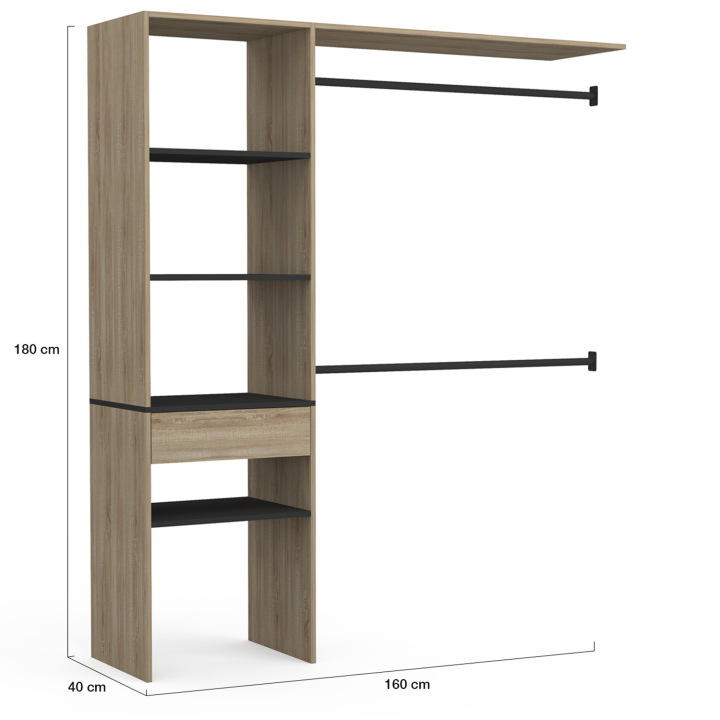 Kit dressing MELINE 160 x 40 x 180 cm hêtre avec étagères noires + tiroir + double penderie Kit dressing MELINE 160 x 40 x 180 cm hêtre avec étagères noires + tiroir + double penderie
