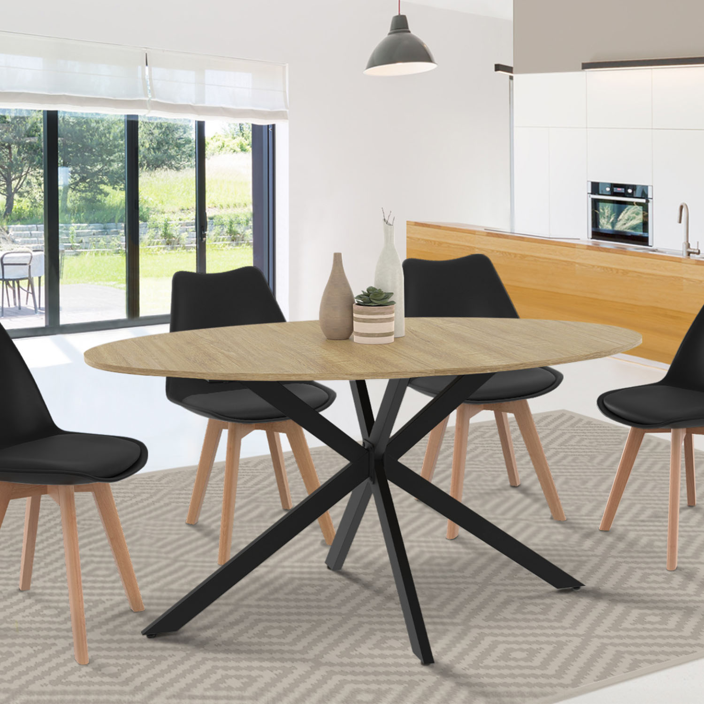 Industriële ovale houten en zwarte eettafel 150 cm - ALIX | IdMarket België