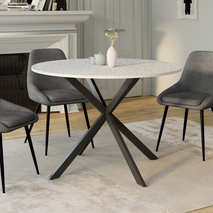 Table à manger ronde ALIX 4-6 personnes pied araignée noir plateau terrazzo SIMONE 110 cm Table à manger ronde ALIX 4-6 personnes pied araignée noir plateau terrazzo SIMONE 110 cm