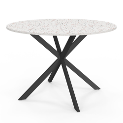 16638 - Tavolo da pranzo rotondo con piano nero e effetto terrazzo 110 cm Table à manger ronde ALIX 4-6 personnes pied araignée noir plateau terrazzo SIMONE 110 cm