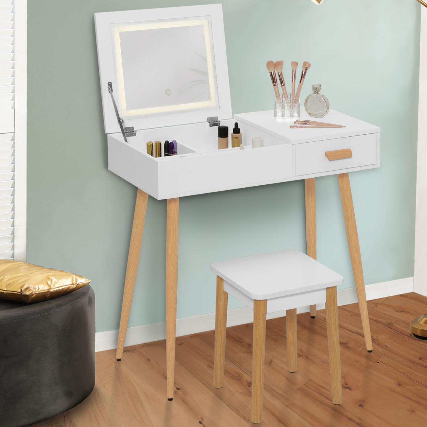 CLIPOP Toeletta Con Specchio E Sgabello - Bianco Lucido, Mobiletto Trucco Con Cassetto E Ripiani