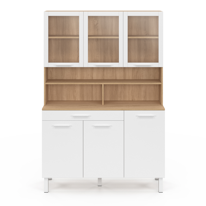 Buffet de cuisine vitré 120 CM CINA 6 portes + tiroir façon hêtre et blanc Buffet de cuisine vitré 120 CM CINA 6 portes + tiroir façon hêtre et blanc