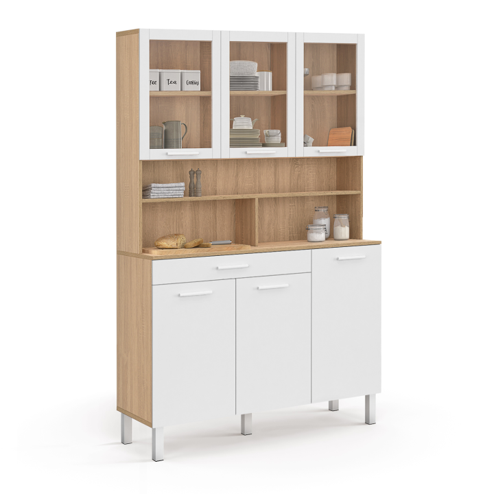 Buffet de cuisine vitré 120 CM CINA 6 portes + tiroir façon hêtre et blanc Buffet de cuisine vitré 120 CM CINA 6 portes + tiroir façon hêtre et blanc