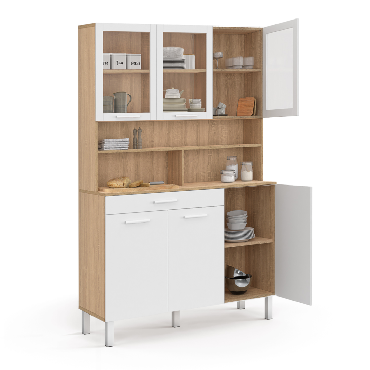 Buffet de cuisine vitré 120 CM CINA 6 portes + tiroir façon hêtre et blanc Buffet de cuisine vitré 120 CM CINA 6 portes + tiroir façon hêtre et blanc