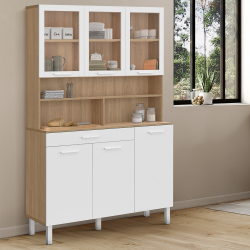 16738 - Cassettiera da cucina 120 cm 6 armadi + cassetto in legno bianco e faggio Buffet de cuisine vitré 120 CM CINA 6 portes + tiroir façon hêtre et blanc