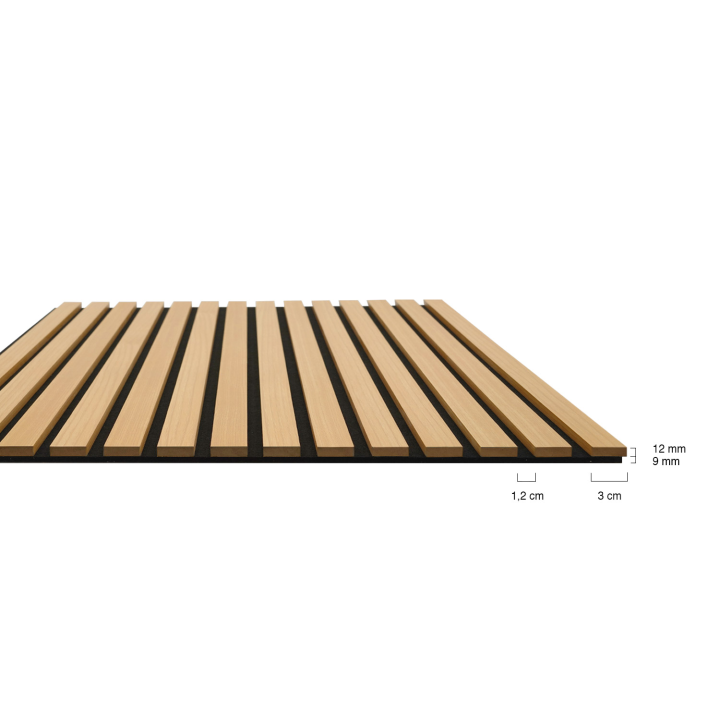 Panneaux acoustiques en tasseaux de bois 250 x 60 cm chêne clair et noir