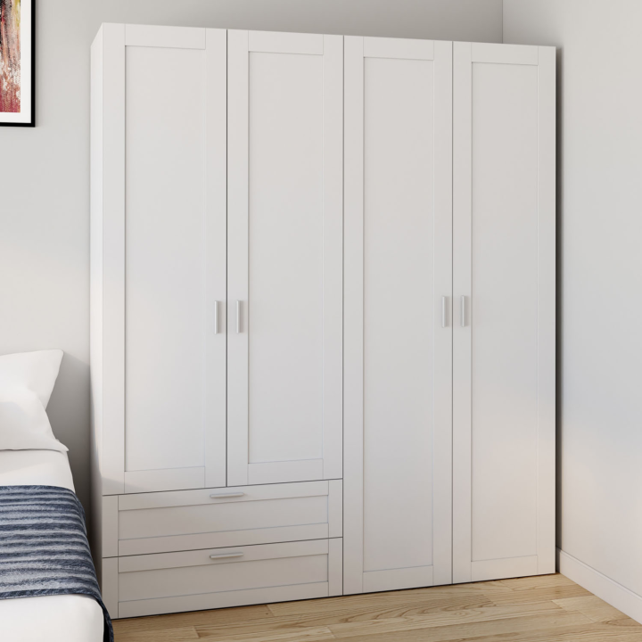 Armoire 4 portes VITO blanc penderie 160 cm avec 2 tiroirs et étagères Armoire 4 portes VITO blanc penderie 160 cm avec 2 tiroirs et étagères