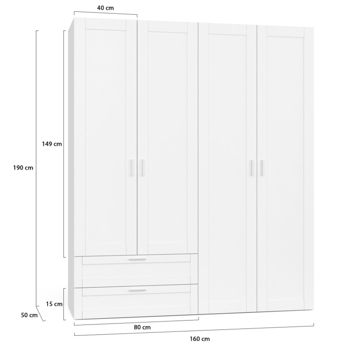 Armoire 4 portes VITO blanc penderie 160 cm avec 2 tiroirs et étagères Armoire 4 portes VITO blanc penderie 160 cm avec 2 tiroirs et étagères