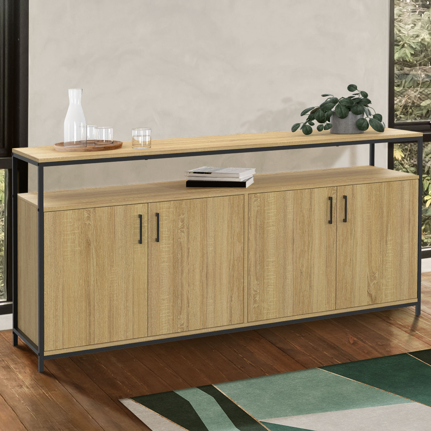 Buffet bois et noir style industriel 160 cm 4 portes
