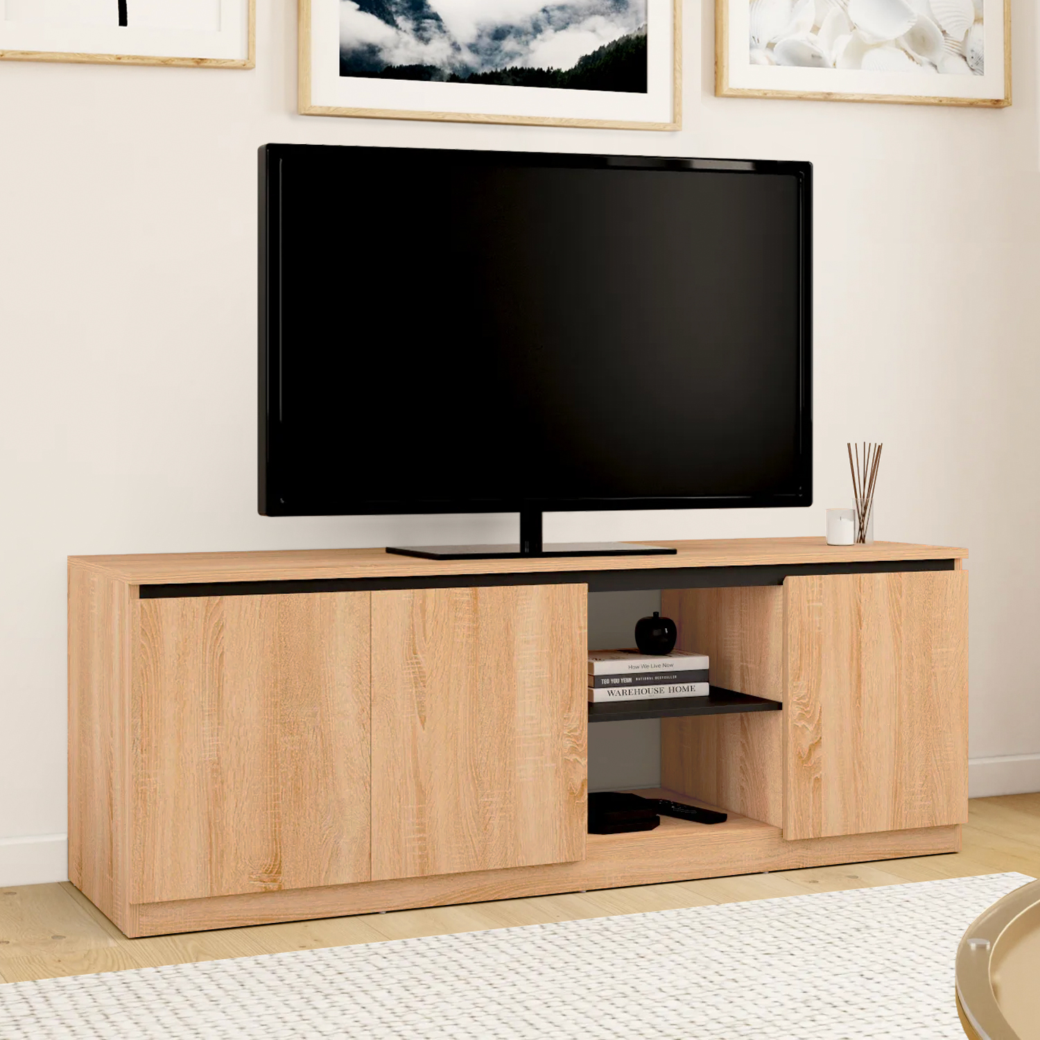 Meuble télé bois façon hêtre et noir 140 cm 3 portes