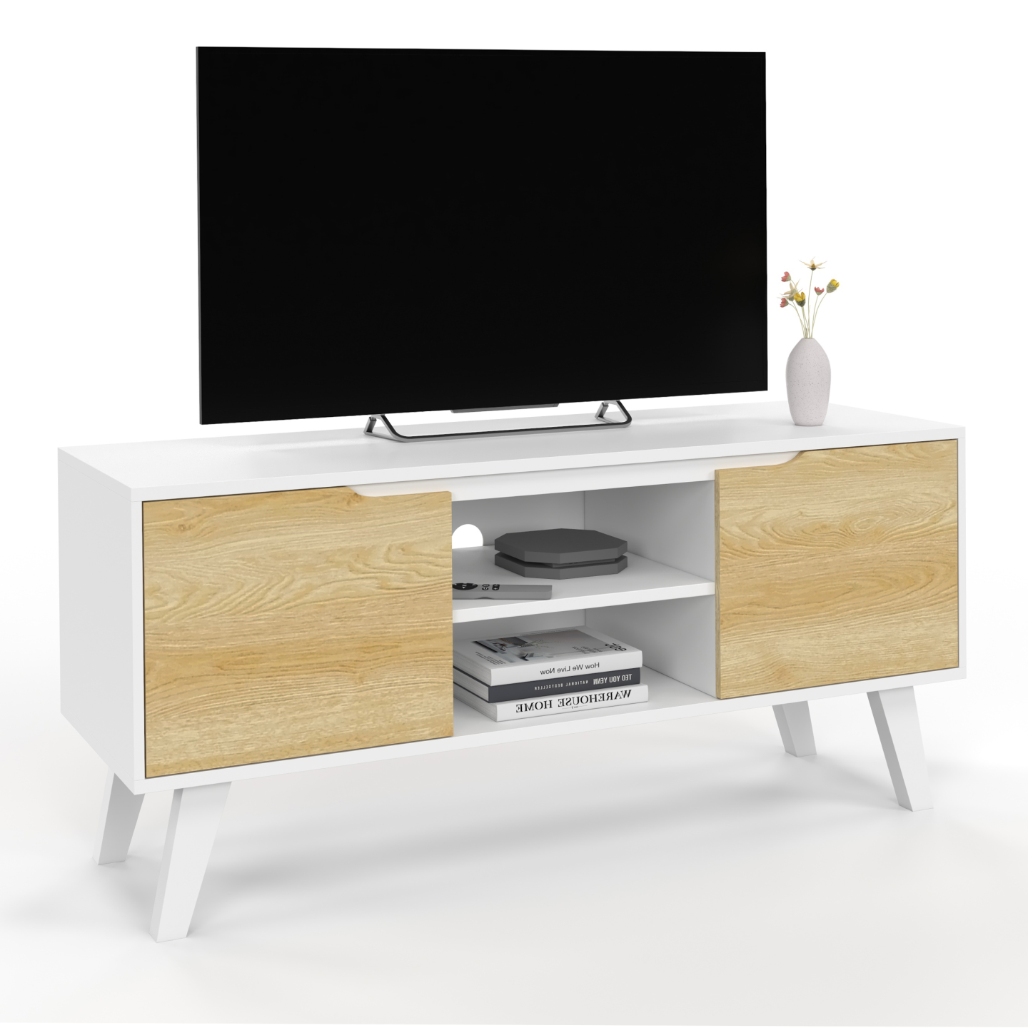Meuble TV 113 Cm ELI Blanc Portes Façon Hêtre - Design Industriel Et Rangement Pratique