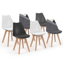 16668 - Juego de 6 sillas escandinavas mezcla de colores gris oscuro, blanco, negro y terciopelo patchwork Lot de 6 chaises scandinaves SARA en velours gris foncé, blanc, noir et patchworks noir, gris et blanc
