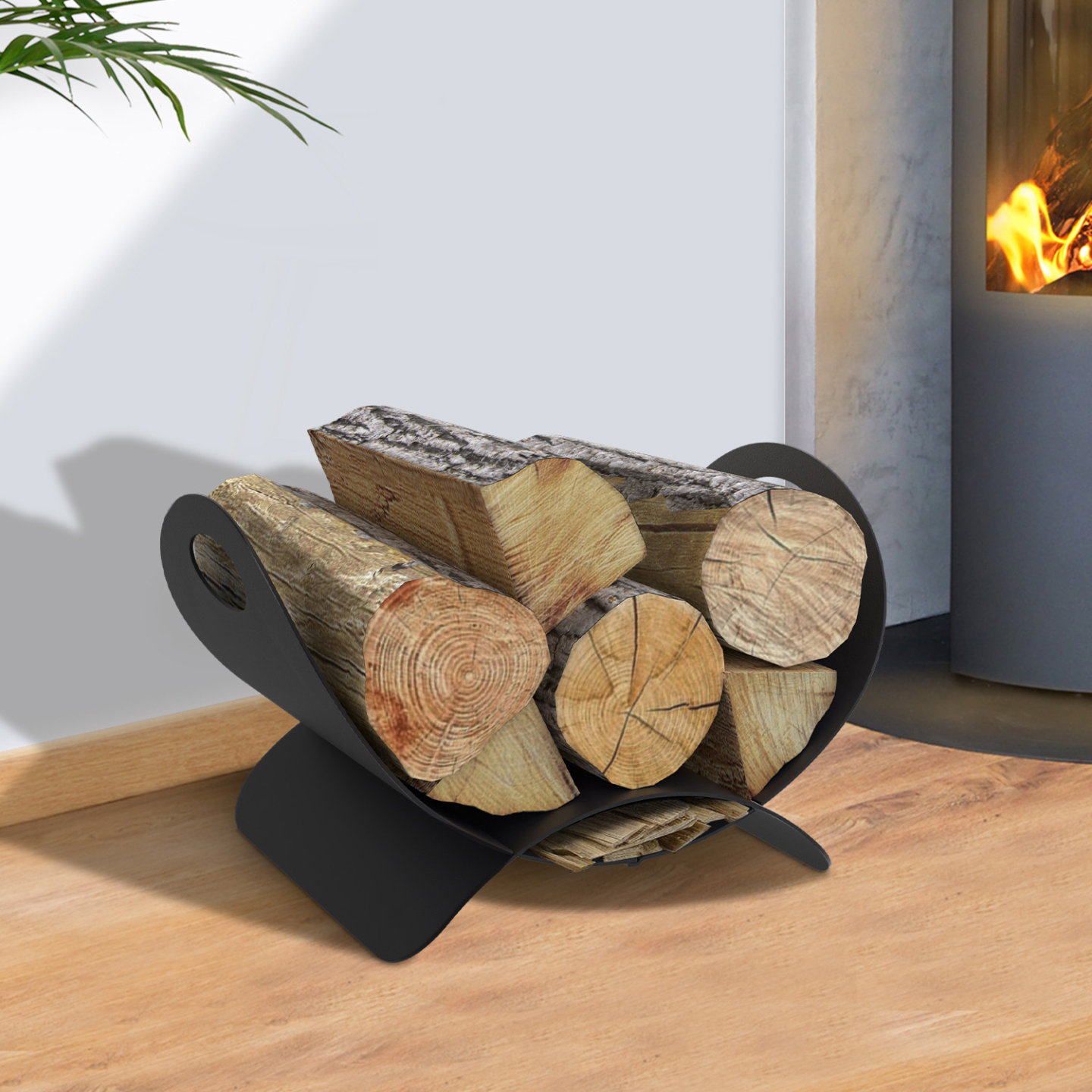Porta Tronchi Orizzontale Hawkins In Acciaio Nero Con Vassoio Effetto Legno Invecchiato – 100x30x50 Cm