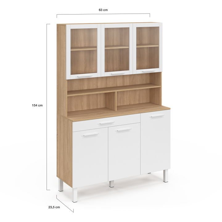 Buffet de cuisine vitré 120 CM CINA 6 portes + tiroir façon hêtre et blanc Buffet de cuisine vitré 120 CM CINA 6 portes + tiroir façon hêtre et blanc