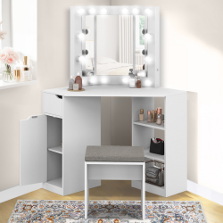 16476 - Tocador esquinero blanco con 3 espejos LED, estantes, cajón, almacenaje y taburete Coiffeuse d'angle ZELIA blanche 3 miroir avec LED, 3 étagères, 1 tiroir, 1 caisson de rangement et tabouret