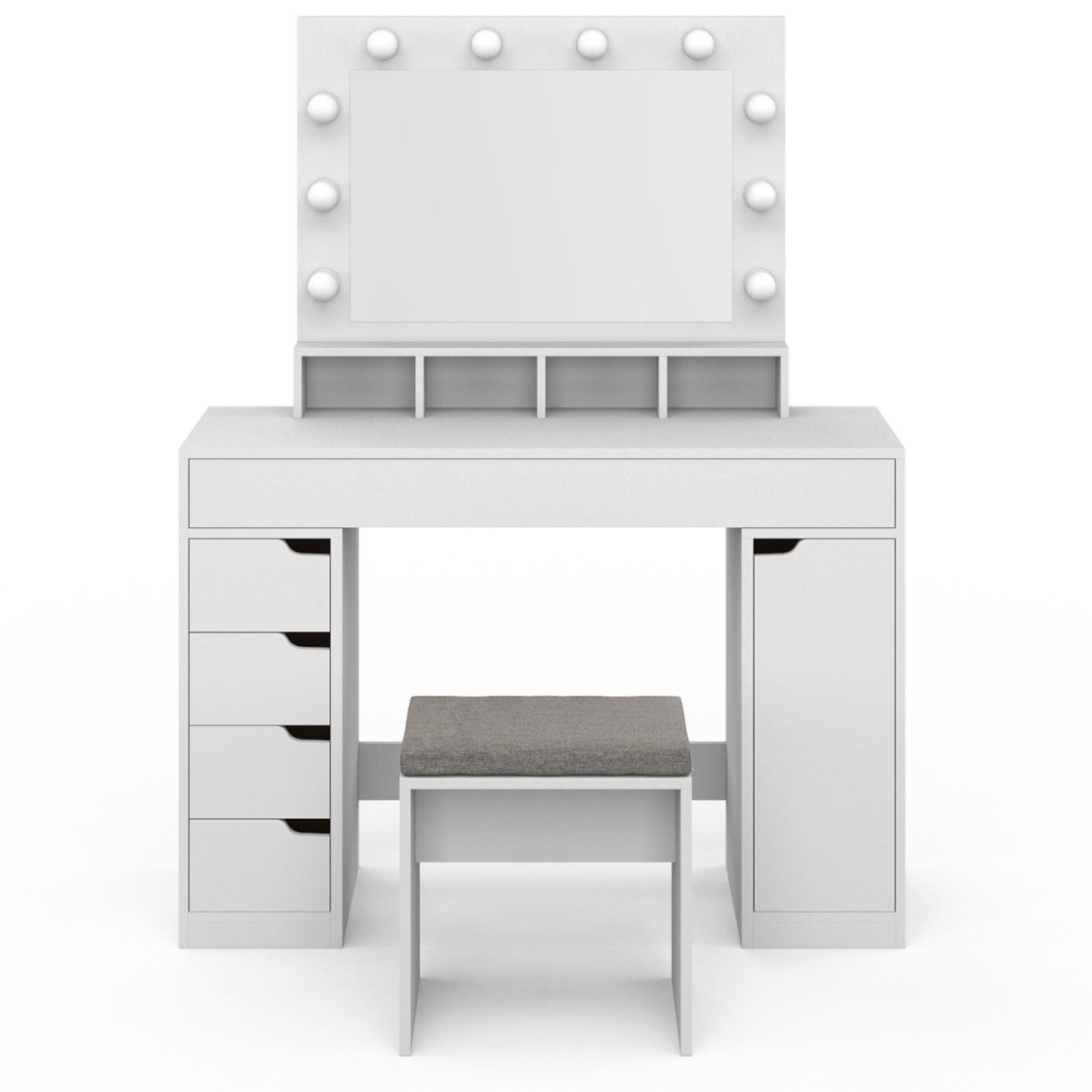 Coiffeuse blanche avec miroir LED tricolore, tabouret, 3 tiroirs, 2