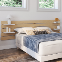Tête De Lit Suspendue Nina 240cm - Bois Clair Avec 4 Étagères Blanches - Pour Lit 140/160cm