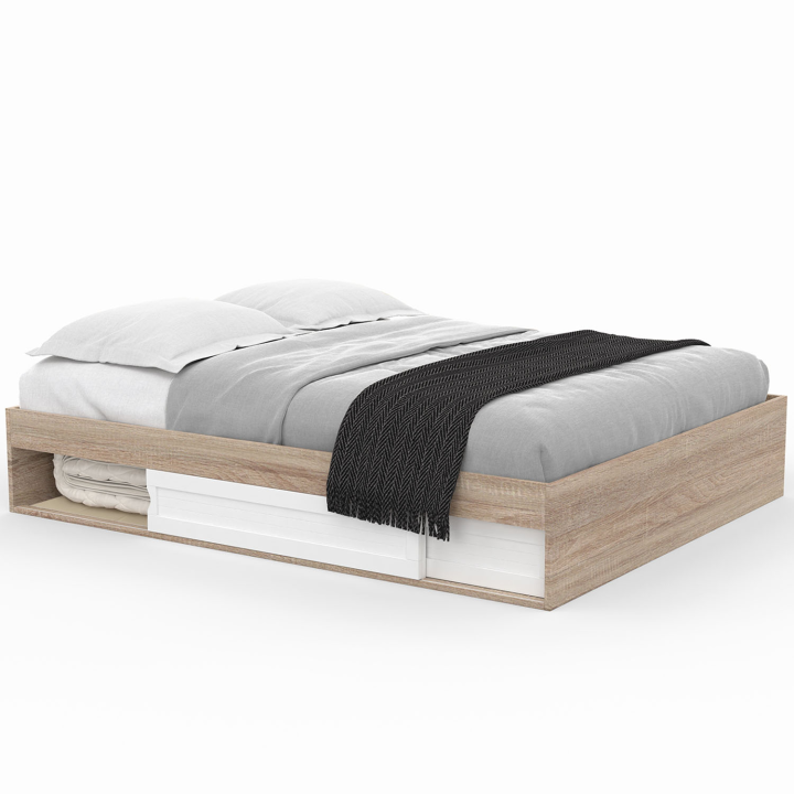 Cadre de lit SALEM avec rangements et sommier 160 x 200 cm effet bois et blanc Cadre de lit SALEM avec rangements et sommier 160 x 200 cm effet bois et blanc