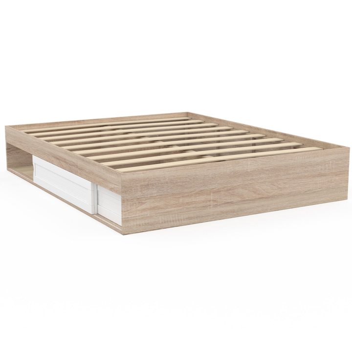 Cadre de lit SALEM avec rangements et sommier 160 x 200 cm effet bois et blanc Cadre de lit SALEM avec rangements et sommier 160 x 200 cm effet bois et blanc