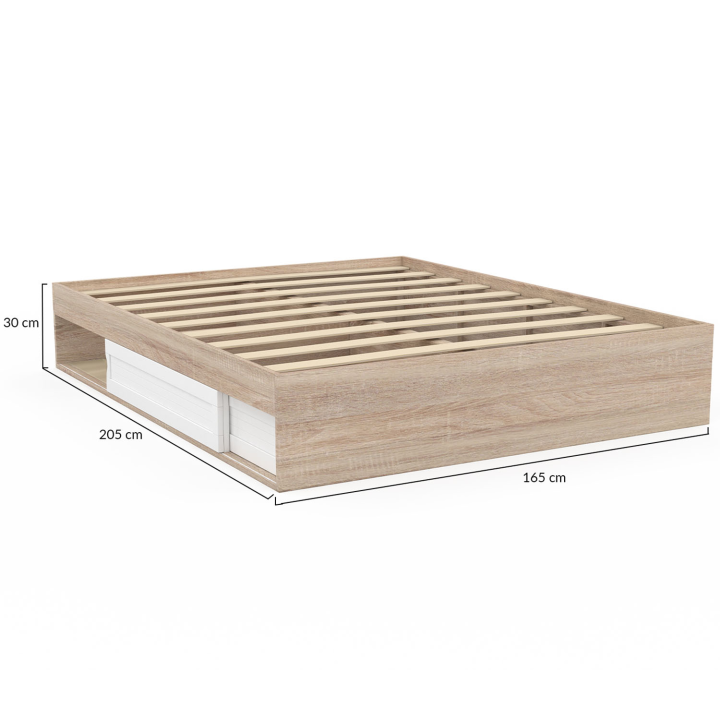Cadre de lit SALEM avec rangements et sommier 160 x 200 cm effet bois et blanc Cadre de lit SALEM avec rangements et sommier 160 x 200 cm effet bois et blanc