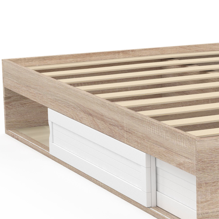 Cadre de lit SALEM avec rangements et sommier 160 x 200 cm effet bois et blanc Cadre de lit SALEM avec rangements et sommier 160 x 200 cm effet bois et blanc