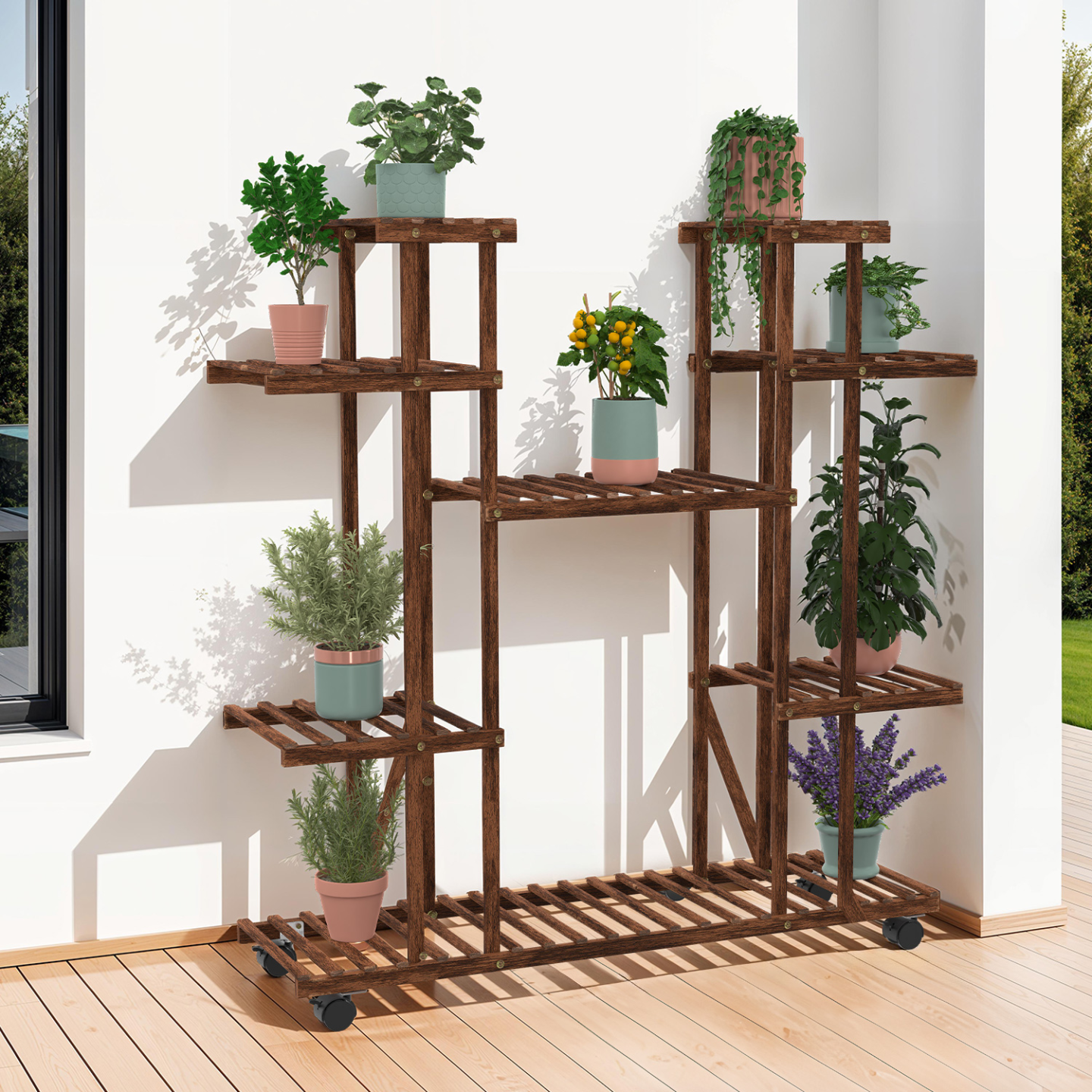 Blumentopfregal aus Holz mit 8 Ebenen und Rollen fr den Innen- und  Auenbereich | ID Market