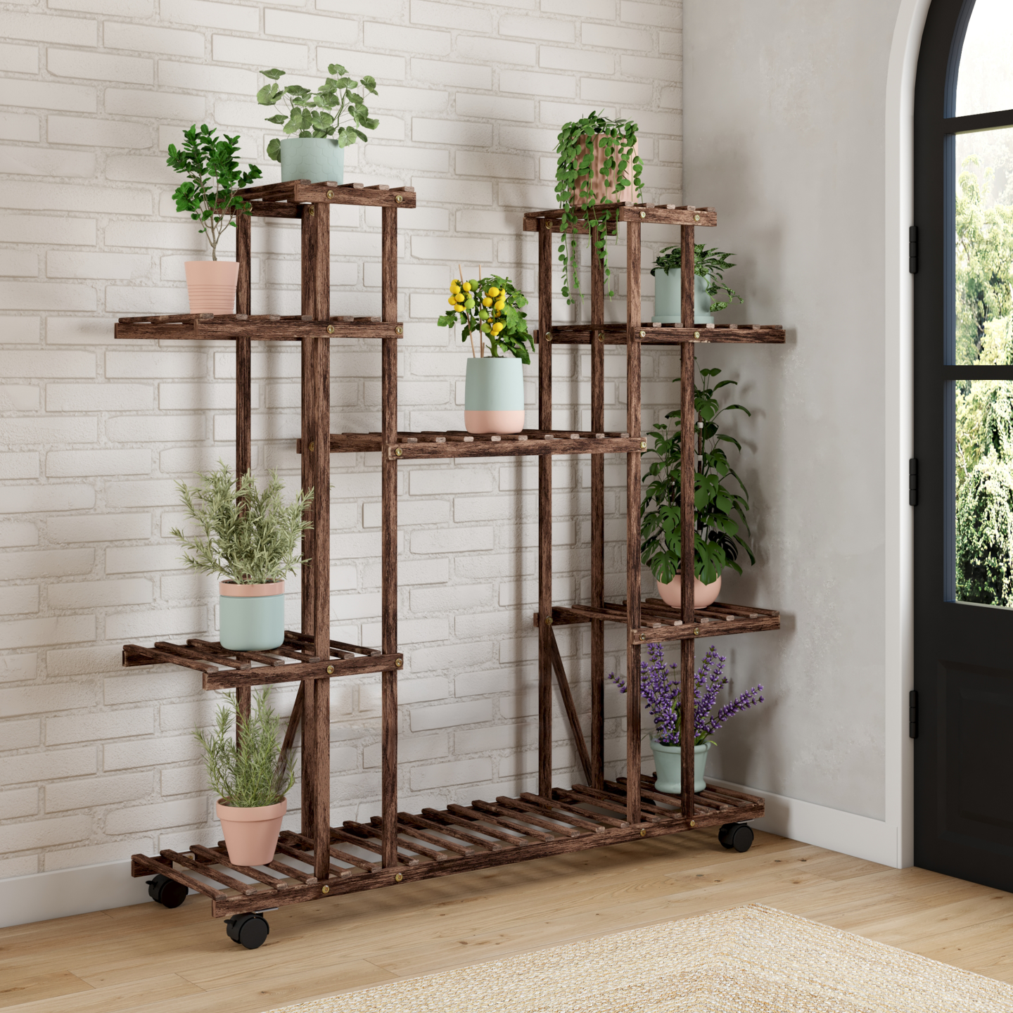 Blumentopfregal aus Holz mit 8 Ebenen und Rollen für den Innen- und Außenbereich