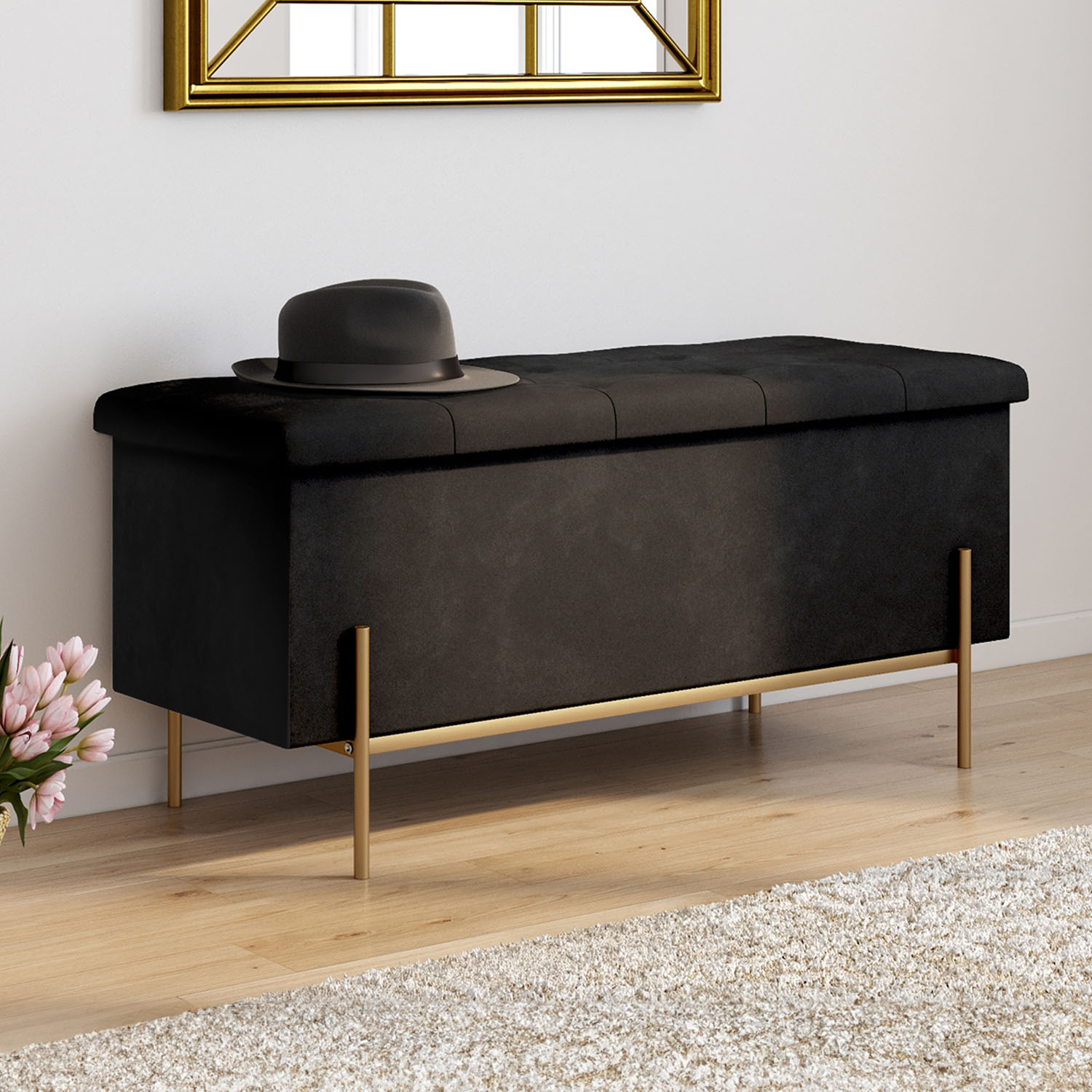 Banc de rangement velours noir avec pieds métal doré 100 cm