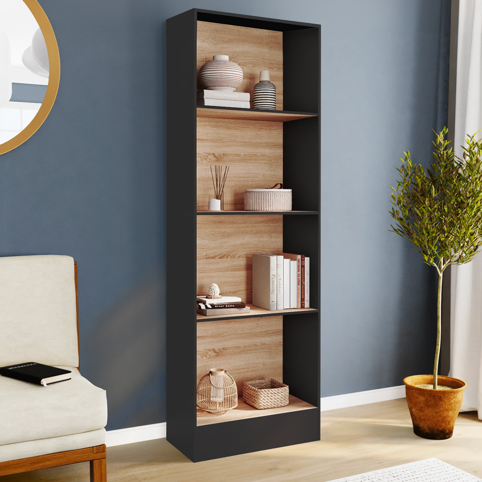 Étagère bibliothèque 5 niveaux noir et effet bois H.190cm