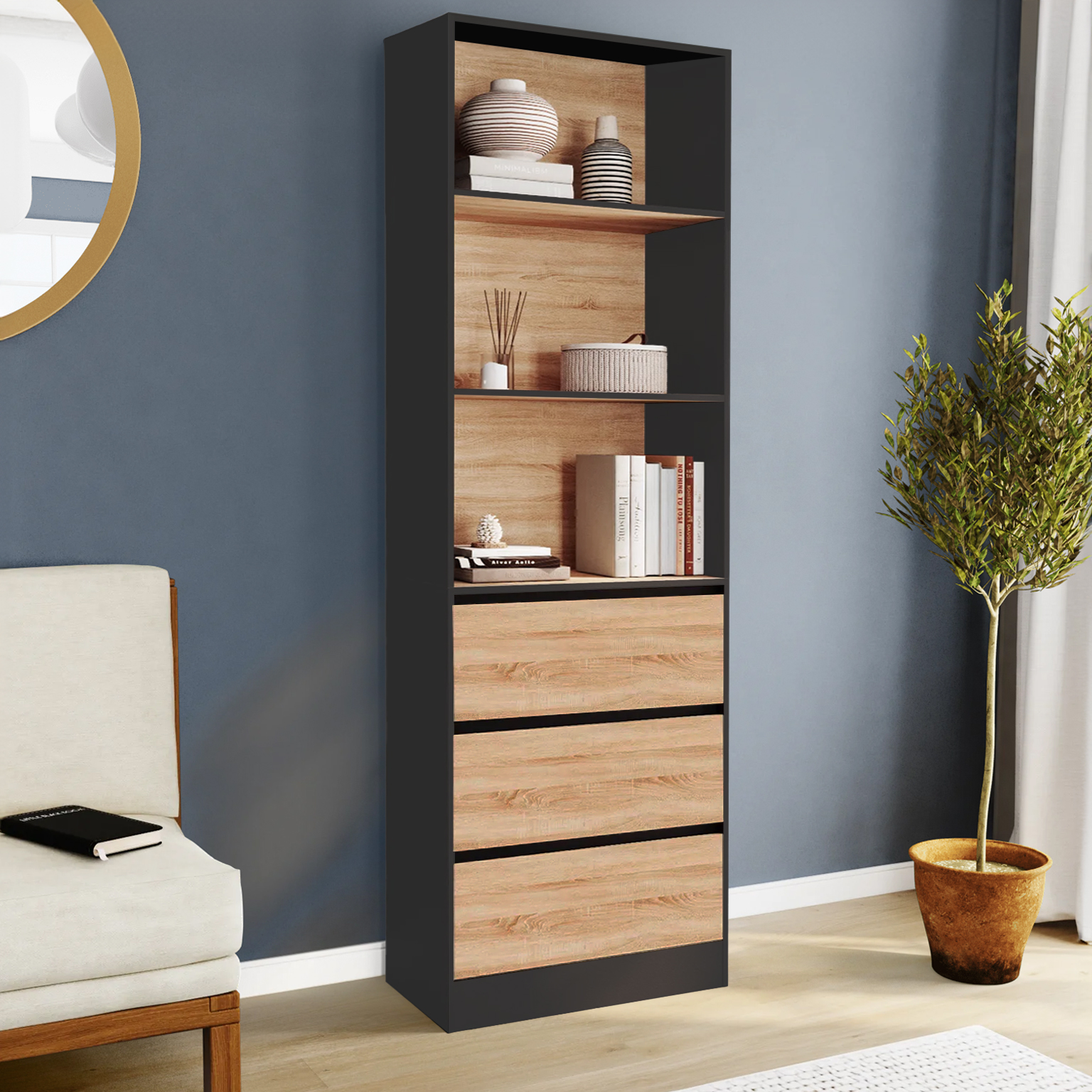 Étagère bibliothèque bois et noir 3 tiroirs 3 niveaux H.190cm