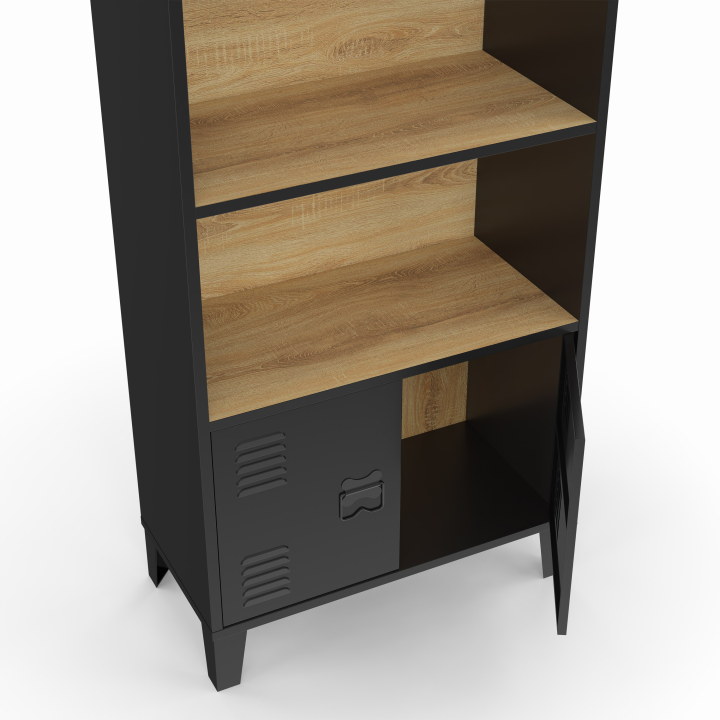 Etagère bibliothèque 4 niveaux avec placard ESTER portes métal noir et plateau bois design industriel Etagère bibliothèque 4 niveaux avec placard ESTER portes métal noir et plateau bois design industriel