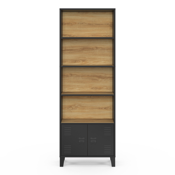 Etagère bibliothèque 4 niveaux avec placard ESTER portes métal noir et plateau bois design industriel Etagère bibliothèque 4 niveaux avec placard ESTER portes métal noir et plateau bois design industriel