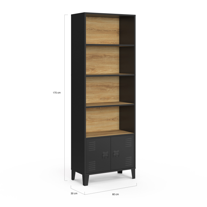 Etagère bibliothèque 4 niveaux avec placard ESTER portes métal noir et plateau bois design industriel Etagère bibliothèque 4 niveaux avec placard ESTER portes métal noir et plateau bois design industriel