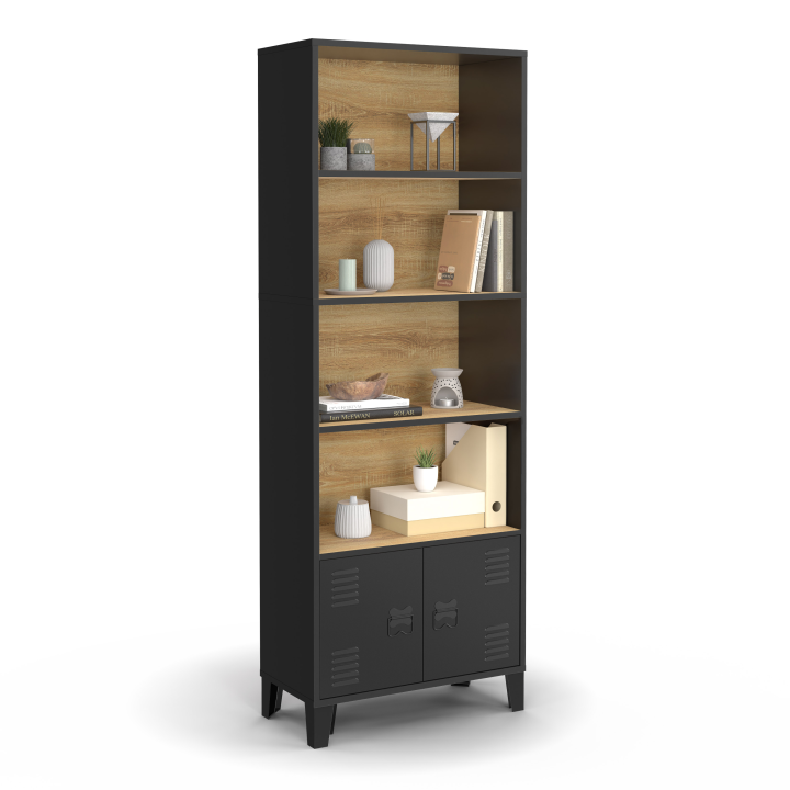 Etagère bibliothèque 4 niveaux avec placard ESTER portes métal noir et plateau bois design industriel Etagère bibliothèque 4 niveaux avec placard ESTER portes métal noir et plateau bois design industriel