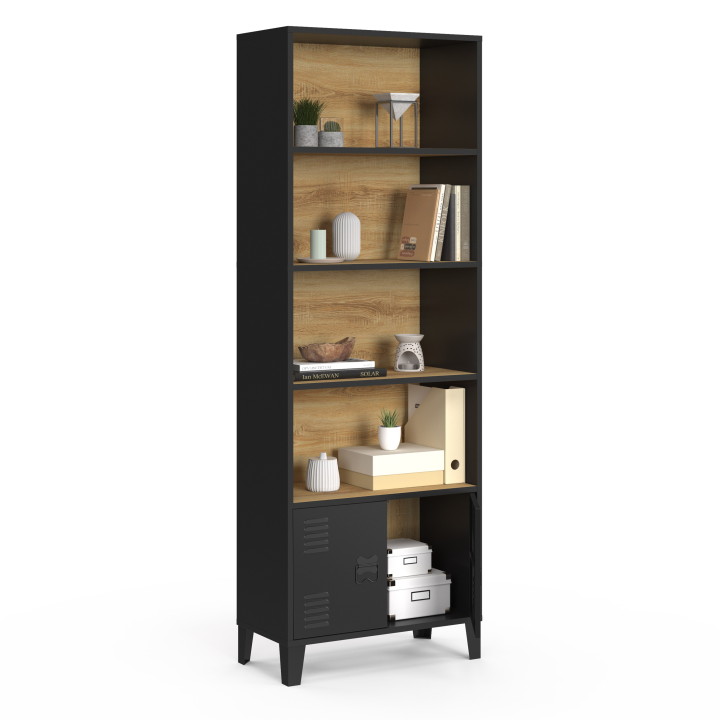 Etagère bibliothèque 4 niveaux avec placard ESTER portes métal noir et plateau bois design industriel Etagère bibliothèque 4 niveaux avec placard ESTER portes métal noir et plateau bois design industriel