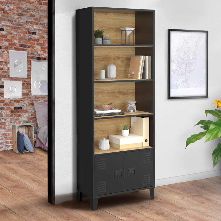 Etagère bibliothèque 4 niveaux avec placard ESTER portes métal noir et plateau bois design industriel Etagère bibliothèque 4 niveaux avec placard ESTER portes métal noir et plateau bois design industriel