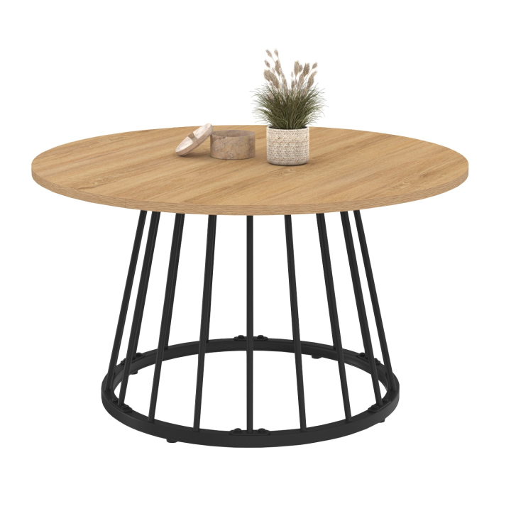 Mesa de centro redonda de 70 cm con tapa de madera y pata de alambre de metal negro - YUNA | ID Market