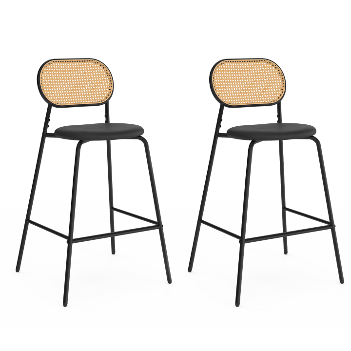 Lot de 2 tabourets de bar vintage CLOTILDE en métal noir et dossier cannage