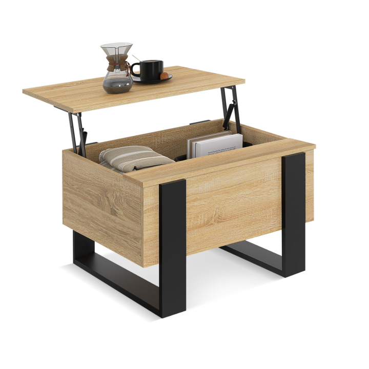 Table basse carrée plateau relevable 70 cm PHOENIX bois et noir