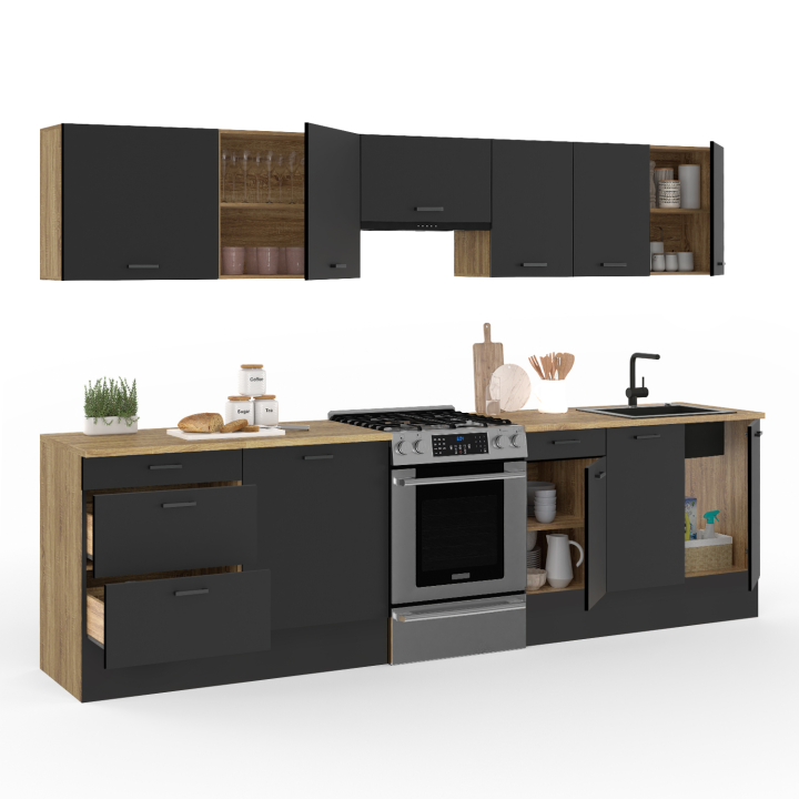 Cuisine complète 300 CM SUBTIL avec plan de travail 9 éléments bois et noir