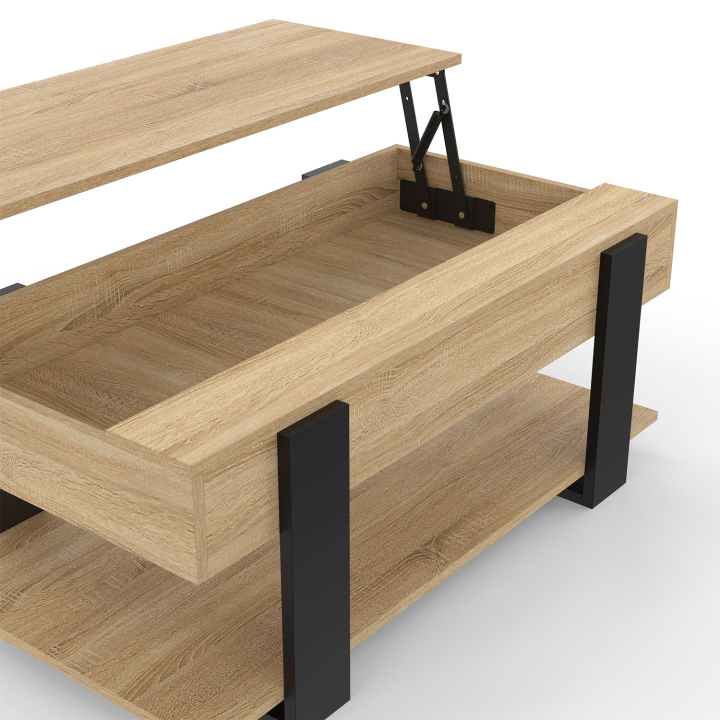 Table basse plateau relevable intégral rectangulaire PHOENIX et étagère inférieure bois et noir