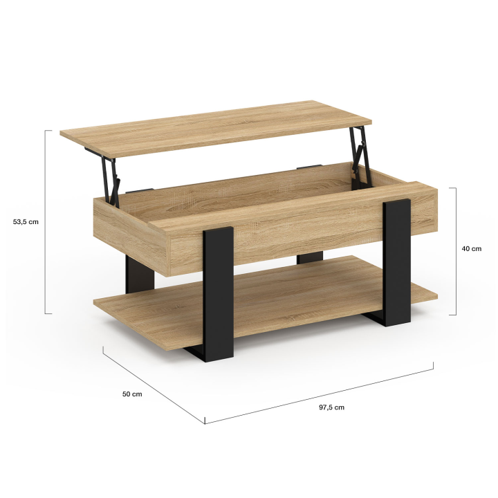 Table basse plateau relevable intégral rectangulaire PHOENIX et étagère inférieure bois et noir Table basse plateau relevable intégral rectangulaire PHOENIX et étagère inférieure bois et noir