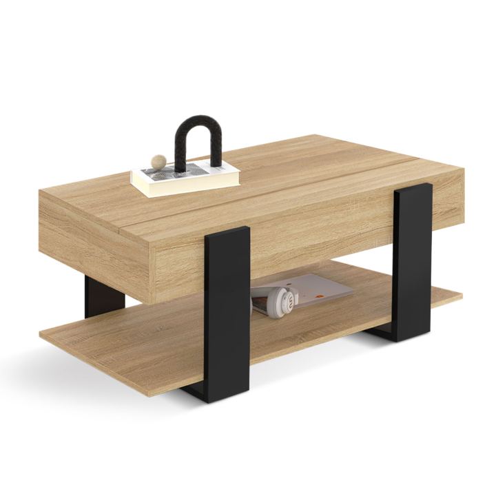 Table basse plateau relevable intégral rectangulaire PHOENIX et étagère inférieure bois et noir Table basse plateau relevable intégral rectangulaire PHOENIX et étagère inférieure bois et noir